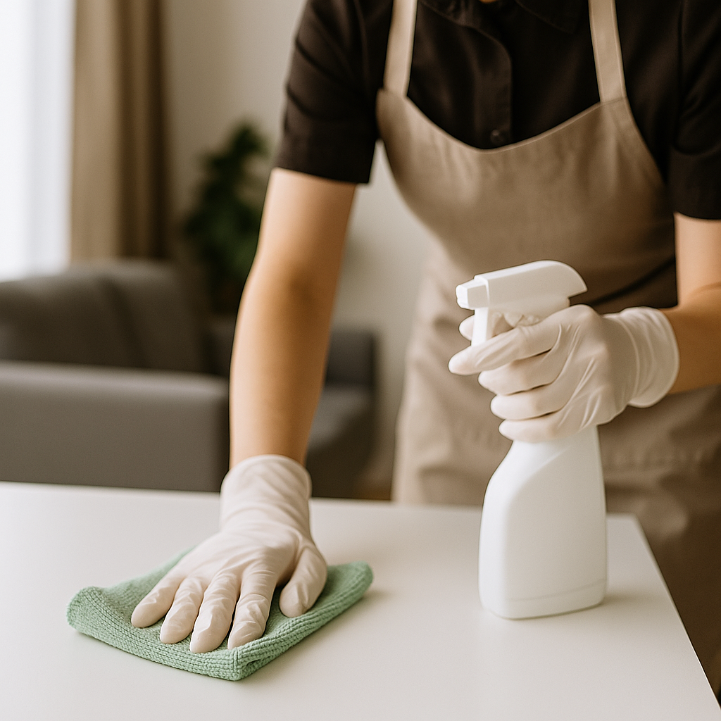 Femme de ménage nettoyant une location sur la Côte Atlantique, illustrant le service de conciergerie