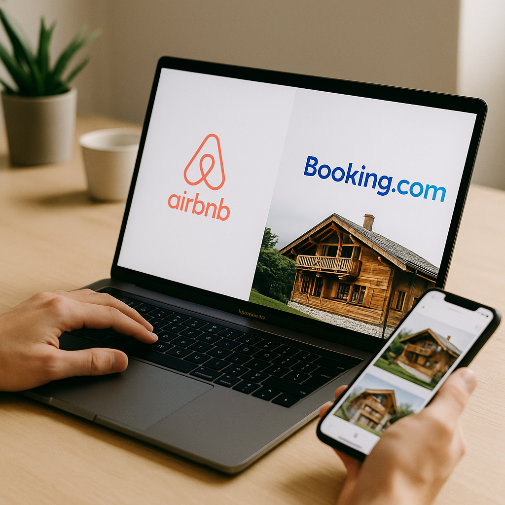 Ordinateur affichant Airbnb et Booking.com pour la gestion des locations sur la Côte Atlantique