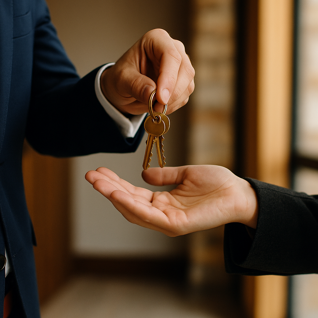 Remise de clé à un voyageur pour une location sur la Côte Atlantique, service de conciergerie